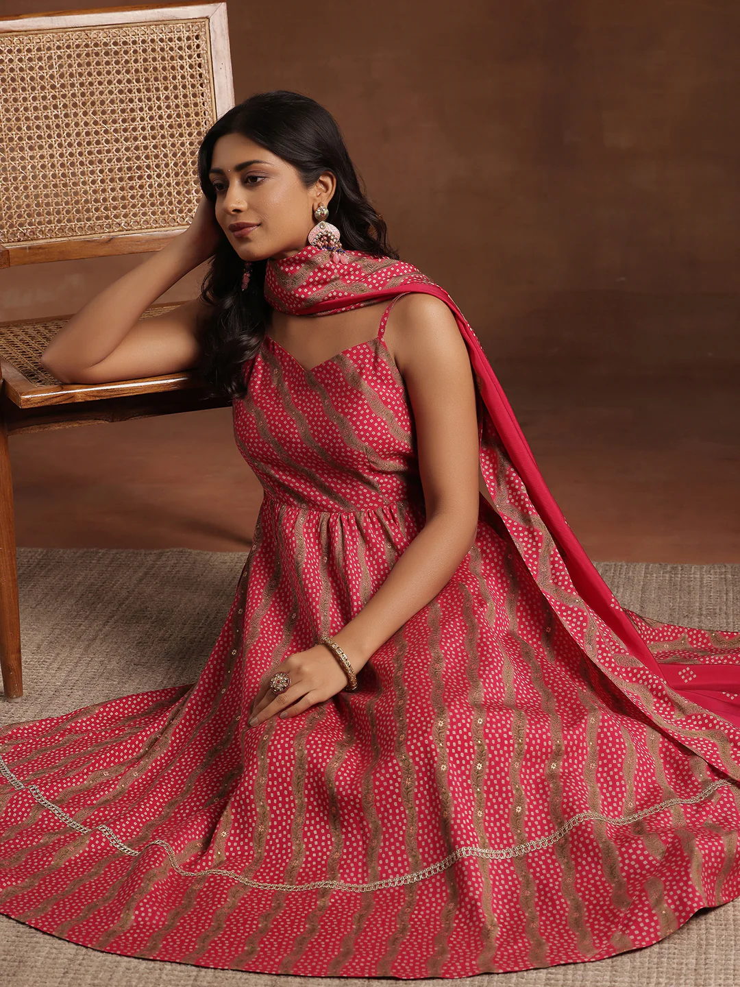 Pink Printed Silk Blend Anarkali Suit With Dupatta