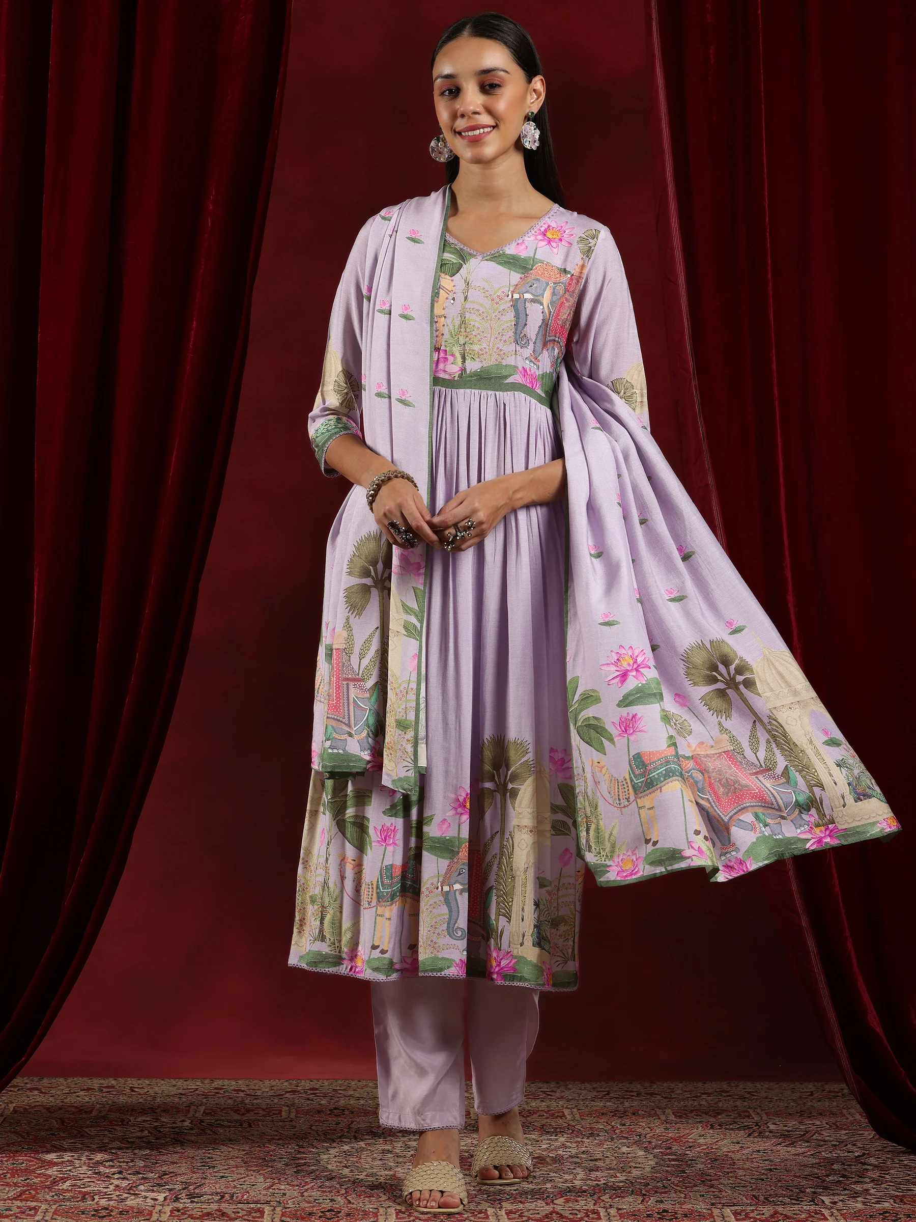 Art Lilac Printed Cotton Blend Anarkali Suit With Dupatta