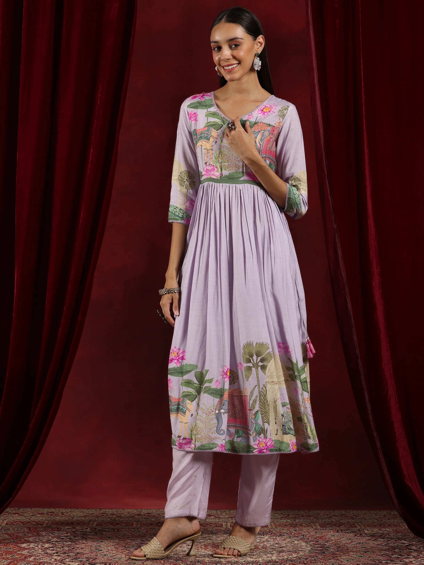 Art Lilac Printed Cotton Blend Anarkali Suit With Dupatta