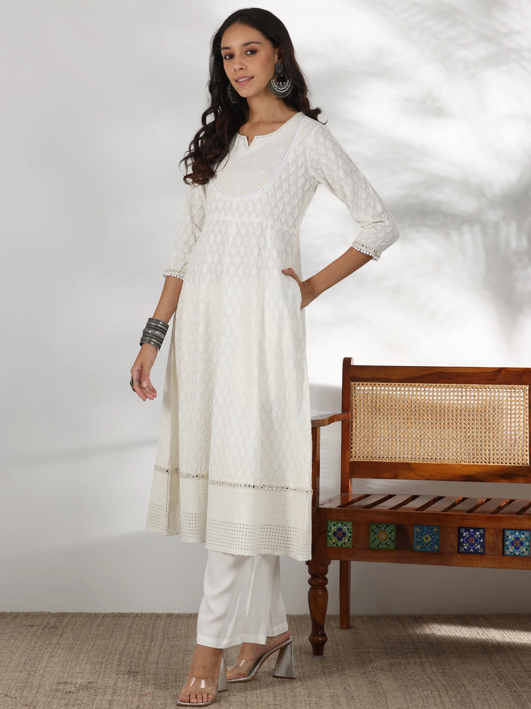 White Embroidered Cotton Anarkali Suit With Dupatta
