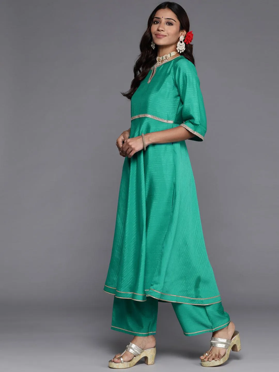 Green Solid Silk Blend Anarkali Kurta With Palazzos & Dupatta