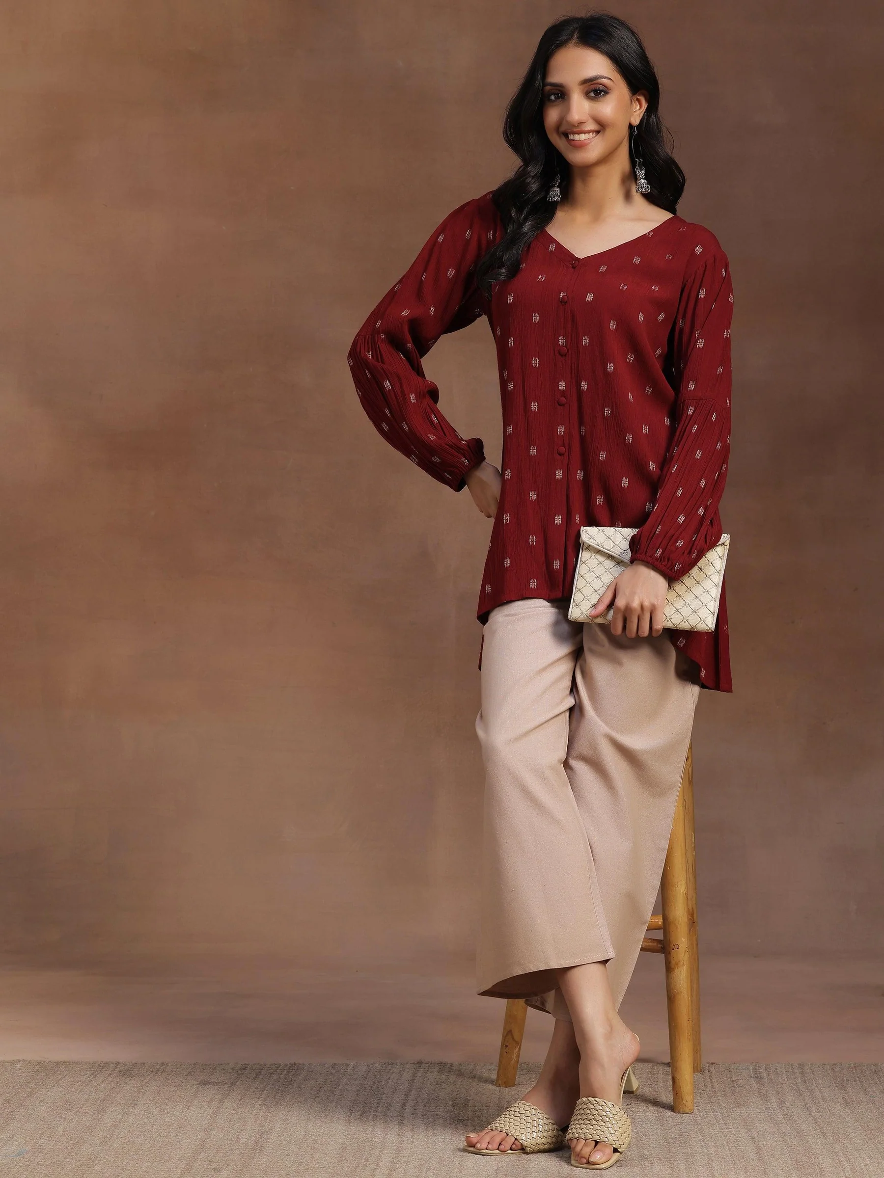 Maroon Woven Design Cotton A-line Kurti