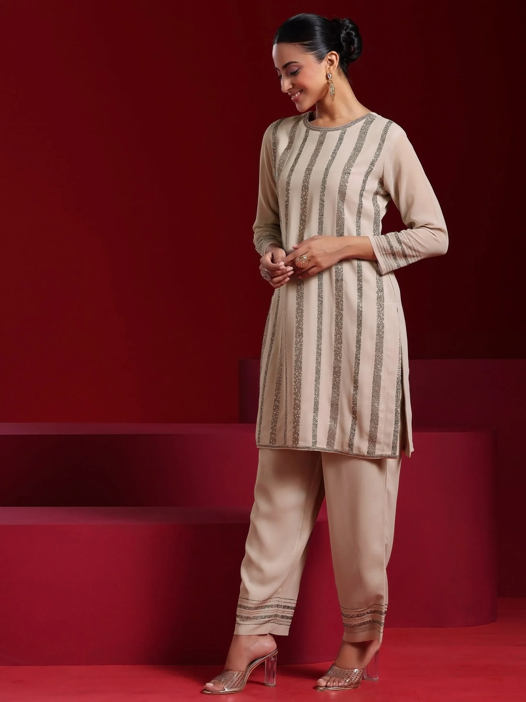 Art Taupe Striped Georgette Straight Suit With Dupatta