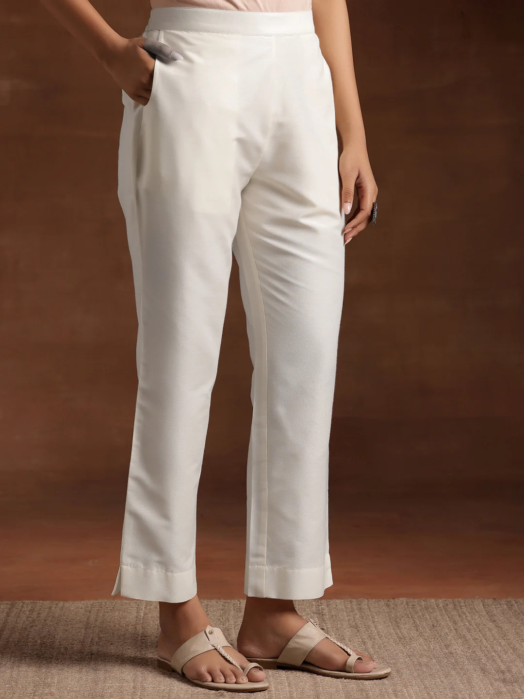 White Solid Silk Trousers