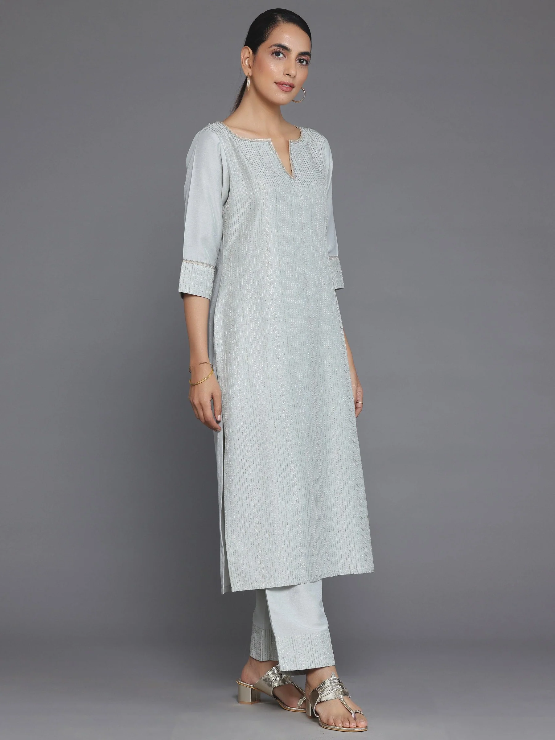Grey Self Design Silk Blend Straight Suit With Dupatta