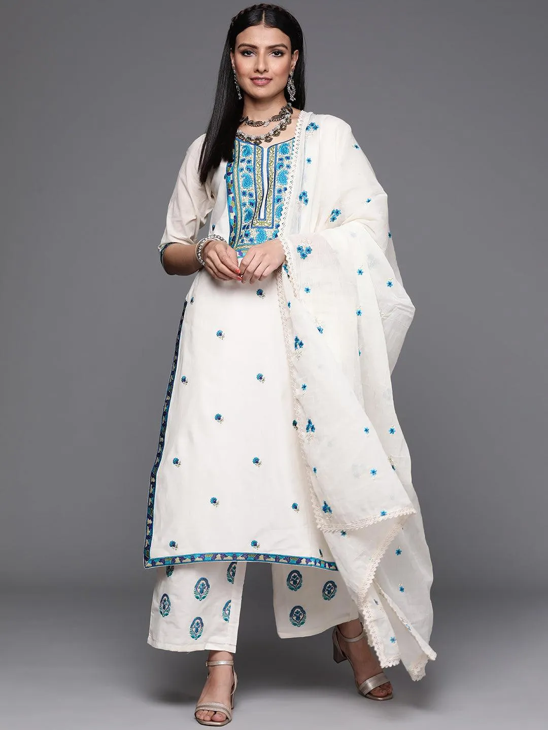 Off-White Yoke Design Cotton Straight Kurta With Palazzos & Dupatta