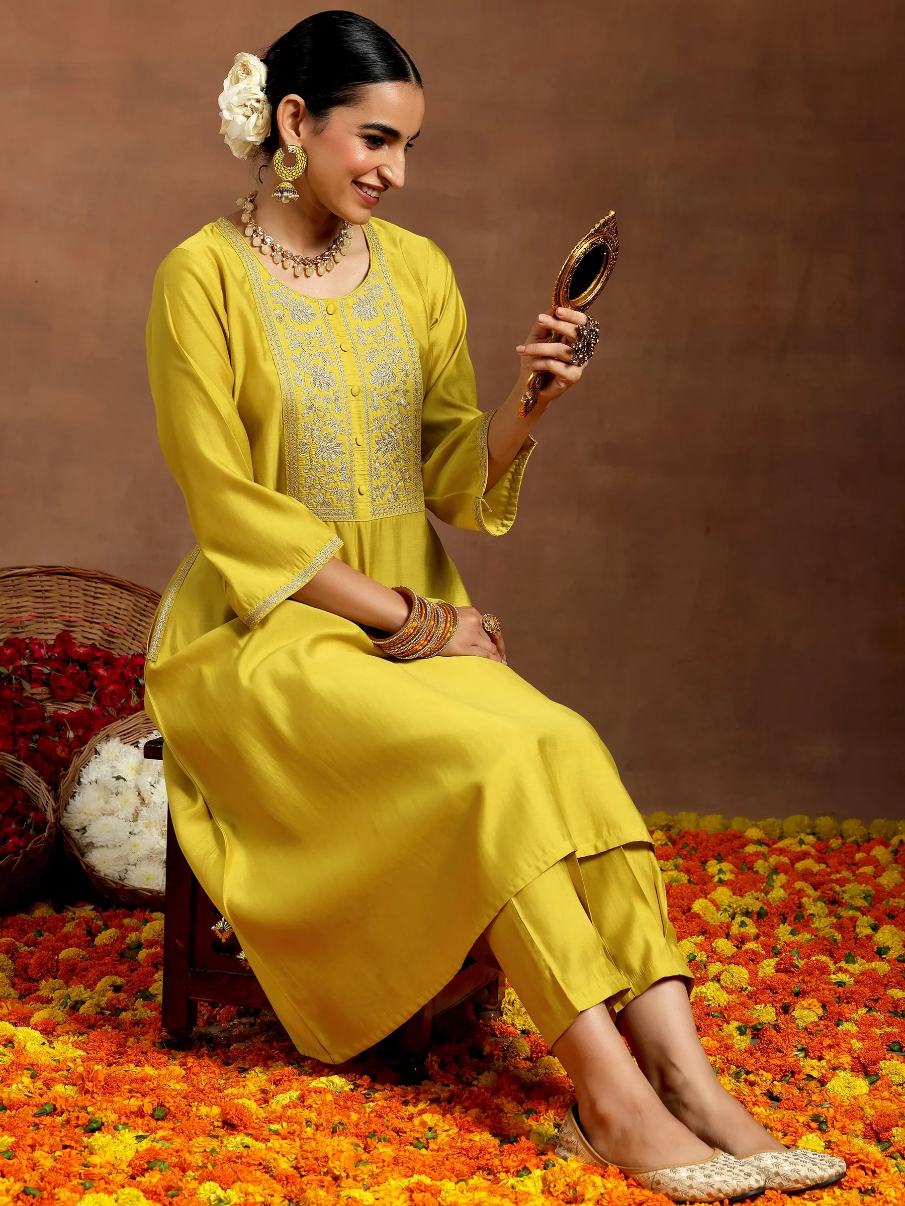 Mustard Yoke Design Silk Blend A-Line Kurta With Trousers