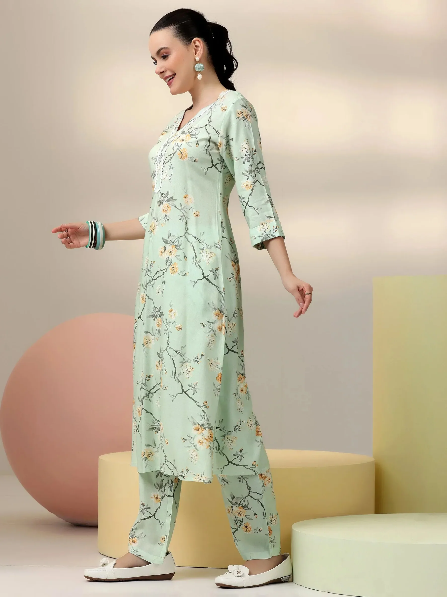 Sea Green Printed Silk Blend Co-Ords