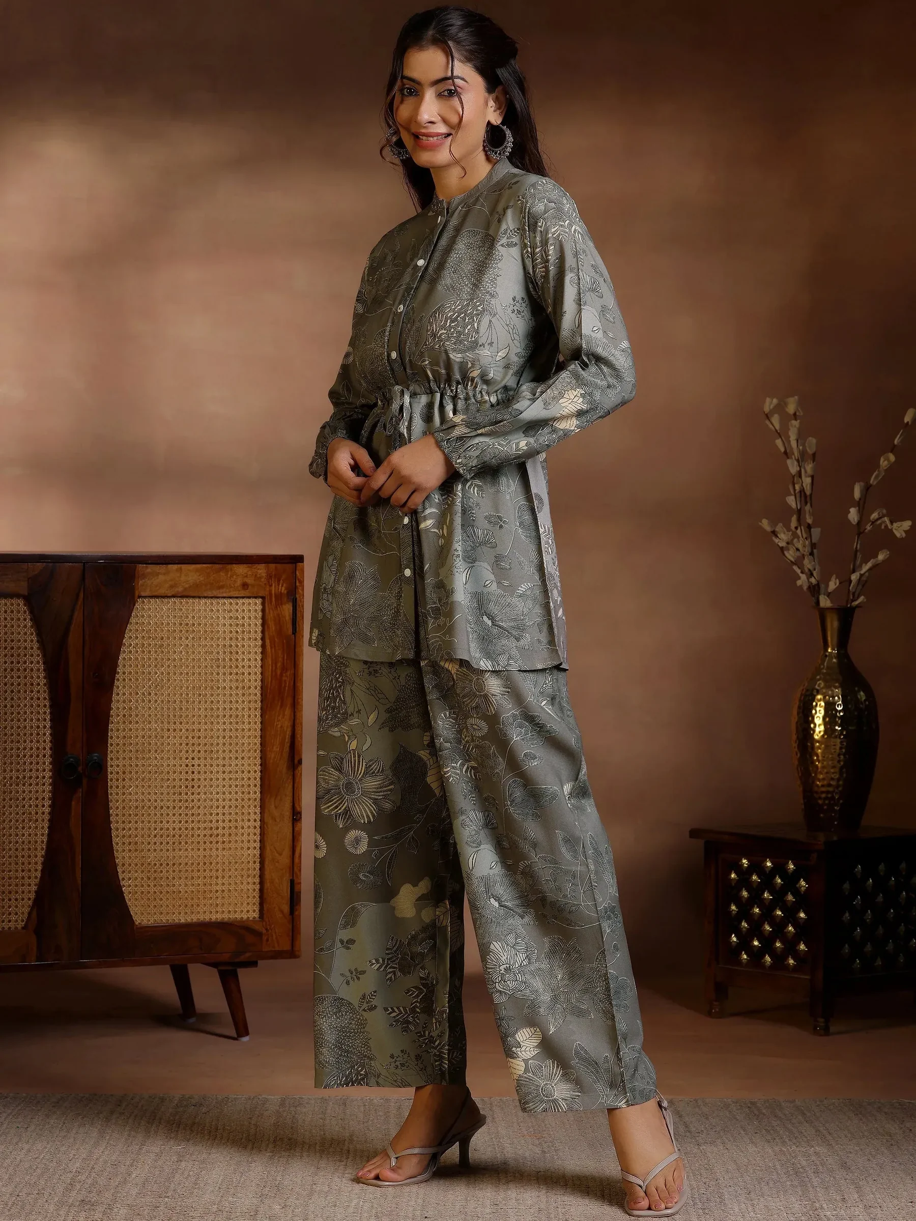 Grey Printed Silk Blend Co-Ords